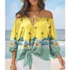 Women's Blouses 2023 Casual Summer Loose Pullover Women Fashion Flower Print Tied Detail Off The Shoulder Tops