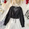 Dames blouses vintage polka dots blouse vrouwen en top V nek trekstring chiffon veer slanke wasit short tops shirt blusa mujer tunika