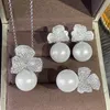 Conjunto de jóias de diamante de pérolas de flores 100% Real 925 Sterling Silver Noivado Ringos de casamento Brincos Colar para mulheres Presente de joias