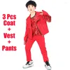 Stage Wear Hip Hop Costumes Red Fringed Jacket Sequined Vest Pants Boys Jazz Performance Clothing Children Street Dance Outfit DNV12463