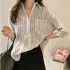 Women's Blouses Shirts Summer Womens Blouse Shirt Stripe 3/4 sleeve Plus size Womens Blouses Shirts Loose striped Camisa mujer White/Pink/Gray 230309