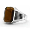 Klusterringar 925 Sterling Silver Turkish Tiger Eye Stone Men's Ring med naturliga geometriska gåvor Män och kvinnor thailändska smycken