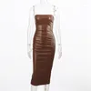 Casual Dresses Women Sexig axelbandslös rör topp midi klänning från axel bodycon party faux läder vestidos de mujer