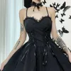 Sıradan elbiseler Coolfel Dark görünüyor siyah lolita jacquard slip elbise dantel bel prenses kızlar parti cosply cos