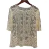 Women's T Shirts Pearl Women Bead Work Mesh Shirt See Through Sequined Tops Woman Lace Tees