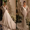 2023 New Mermaid Wedding Dresses Pearls Beads Appliques Lace V Neck Long Sleeves Bridal Gowns Custom Made Lace-Up Back Detachable Train Vestidos De Novia