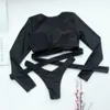 Swimons de maillots de bain Sexy Black Black à manches longues Bikini 2 pièces Push Up Femmes 2023 Été Deep V Suivi de natation Bandage Thong