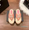 Platform Straw Jute Dokuma Teşhal Sandalet Marka Kadınlar Flip Flops Tweed Velvet Slayt Açık Ayak Ayakkabıları Flats Üzerinde Kayma Plaj Katır Nakış Terlik Sezatları