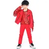 Stage Wear Costumes Hip Hop Costumes Veste à franges rouges Gilet à paillettes Pantalons Garçons Jazz Performance Vêtements Enfants Street Dance Outfit DNV12463