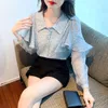 Women's Blouses POLO Neck Ruffle Dot Blue Long Sleeve Shirt Women's Spring Autumn Vintage French Office Girl Simple Design Thin Blouse