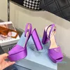 Raso Purple Satin Peep Beep Toe Platform Sandals chunky heels angle logo plaque pumps block block heel sandal sholed for Women Factory Footsory
