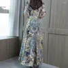 Party Dresses Vintage Boho Print Elegant Chic Maxi Dress Women 2023Summer Fashion V-neck Short Sleeve Slim Lace Up Beach Vestido