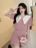 Sukienki robocze Zestaw Dam Ladies Korea 2023 Krótka koszulka kołnierzyka z wysokim talią plisowane spódnice Summer Dwuczęściowe kobiety Preppy Style