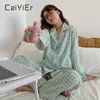 여성용 잠자기 Caiyier 녹색 그리드 여성 Pajama Set 한국 스타일 느슨한 여가 잉글 릭 잉글 릭 팬티 팬티 봄 겨울 홈 홈 230309