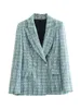 Ternos femininos Blazers Blingbleee Spring Women Traf Jaqueta ornamentada botão de tweed de lã casacos femininos casuais grossos blazers verdes azuis 230309