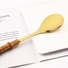 Conjuntos de utensílios de jantar drmfiy colher grande aço inoxidável talheres natural bambu alça de ouro porerções de cozinha conjunto de tableware