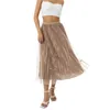 Skirts Ladies Double-sided Long Bust Skirt Women Spring Leisure Style Bow Bead Decoration Wide Hemline Mesh Pleated Half 3Colors