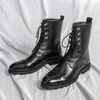 Boots Men Short Brown Pu Round Head Low Heel Wing Tip Lace Up Fashion Propediile Casual Street Outdior Daily Dyble Shoes 230309