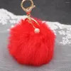 Keychains Wholesale 8CM Pom Poms With Pearl Fluffy Pompoms Keychain Faux Fur Keyring For Girls Women