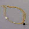 Colliers Vintage français au Design Unique, Double chaîne en laiton, collier de perles baroques, perles noires, bijoux superposés délicats