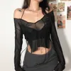 Women's Knits Tees Women's T-shirt Mesh Long-Sleeved Crop Top with Adjustable Straps Sexy Navel Solid Color Summer Clothing Casual Outfits Y2k W0306