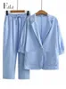 Kvinnors spårdräkter Summer Fashion Cotton Linen Blazer passar Kvinnor Casual Solid Top och Straight Pants 2 Piece Set Female Elegant Loose Outfits L230309