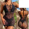 Casual Dresses Women Sexy Mini Dress Rhinestones Beach Hip Skirt Cover Up Summer See-through Party Perspective Bodycon