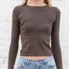 Damesbreien T-stukken Vintage bijgesneden tops Brown Dusty Blue Streetwear Y2K Fashion Women Bodycon T-Shirt Stripe Print Round Collar Long Sleeve W0306