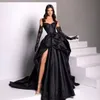 Black Side Split Prom Dresses Strapless Neckline A Line Evening Gowns Pleated Sweep Train Satin Formal Dress