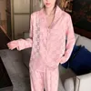 Women's Sleepwear CRLAYDK Spring Women's Long Sleeve Pajamas Set Satin Sleepwear Silk Soft Button Down Loungewear Jacquard Plaid Nightwear 230309