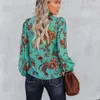 Kvinnors blusar Half High Collar Lose Long Sleeve Tops Vintage Floral Print Blue 2023 Autumn Round Neck Streetwear Green Chiffon Shirt