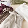 Pantalons pour femmes Kaki Bow élastique taille haute droite été décontracté coton lin léger confortable longueur de la cheville pour les femmes 230309