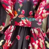 Robe courte de vacances d'automne pour femmes, vêtements pour femmes, col montant, manches longues lanterne, imprimé floral, ceinture, Mini robe de soirée, 2023