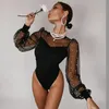 Womens Jumpsuits Rompers Sexy Pearl Mesh Puff Sleeve Bodysuit Women Tops See Through Skinny Bodycon Body Suit Basic Black Bodysuits 230308