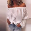 T-shirts pour femmes Blouses solides pour femmes Été Hors épaule Chemise sans bretelles Dames à manches longues Plage Casual Sexy Lady Plissée Top en lin