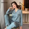 여성용 잠자기 QSROCIO 여성 잠옷 세트 빈티지 V 목 레이스 잠자기 실크 Nightie Leisure Home Close Nightwear Pajamas Femme 230310