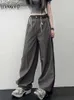 Women's Pants Capris Weekeep Korean Style Grey Wide Leg Cargo Pants Patchwork Baggy Pocket Casual Jogging Sweatpants Women Low Rise Basic Streetwear L230310