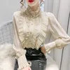 Women's Blouses Korea Beading Flounce Blouse Women OL Office Ladies Business White Shirt High Neck Frilly Ruffle Cuffs Shirts Female