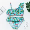 Eén-stuks 3-14-jarige kinderen zwempak voor meisjes groen flamingo tankini pak twee-stuks mode-zwempak voor zomerstrand slijtage w0310