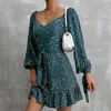 Casual Dresses Summer Women High Street Green Polka Dot Print Vneck Waist Skirt Irregular Long Sleeve Elegant Mini Vestidos 230308