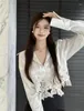 Women's Polos Real S Early Autumn Sexy V-neck Pearl Irregular Lace