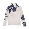 Kadın Bluzları Sonbahar Kış Kadın Giyim 2023 Moda Altın Velvet Bluz Çiçek Baskılı Gömlek Yarı yüksek yakalı uzun kollu rahat üstler