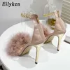 New Women Sandals Sexy Open Toe Feather Design Summer High-Heeled Chain Purple Ladies Wedding Shoes Zipper 230306