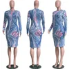 Lässige Kleider Herbst Winter Mode Print Bodycon Midi Kleid Frauen Langarmscheide Schlanke mittelkaler eleganter Tag Vestidos