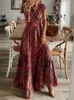 Casual Dresses Women Elegant Pattern Print Party 2022 Summer Office Fashion Puff Short Sleeve Long Ladies Sexy V-Neck Maxi Y2302