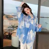 Women's Blouses BF Rendering Blouse Women Korean Harajuku Loose Blue Sky White Clouds Tie-dye Gradient Oversize Shirt Long Sleeve