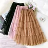 Skirts Fashion Lace Tulle Skirt Women 2023 Spring Summer Sweet Long Maxi Female High Waist Pleated Cake Jupe Femme