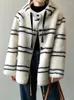 Women's Jackets QOERLIN Hooded Teddy Lamb Wool Women 2023 Winter Warm Korean Fashion Striped Furry Coat Ladies Pocket Plush Overcoat