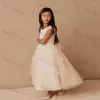 Abiti da ragazza Semplice O-Collo A-Line Fiore Gril Fiori 3D Appliques Tulle Bambini Matrimonio Prom Party Dress Bambino Compleanno Ball Gown