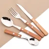 Dinnerware Sets 4/1Pcs Wooden Handle Cutlery Set Mirror 304 Stainless Steel Wood Spoon Knife Fork Dinner Tableware Kitchen